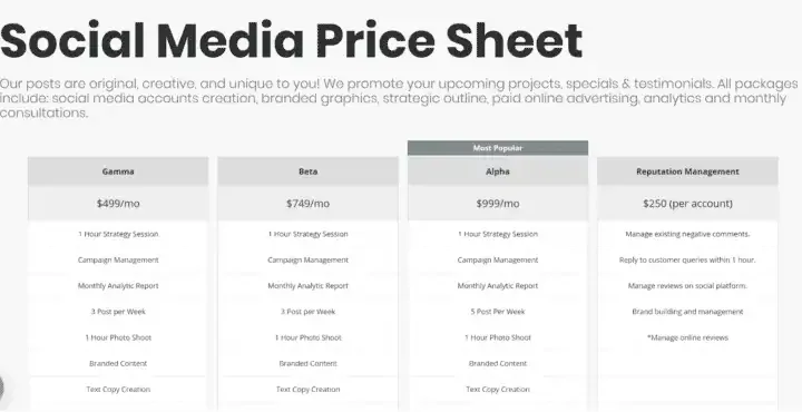 Social Media Management Rate Card